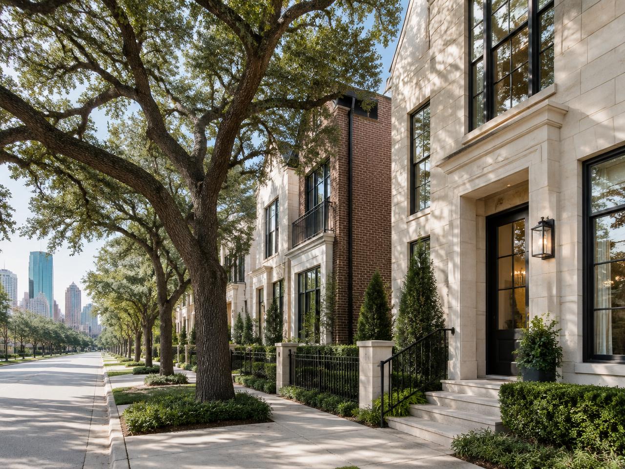 Modern Houston townhomes beneath mature oak trees